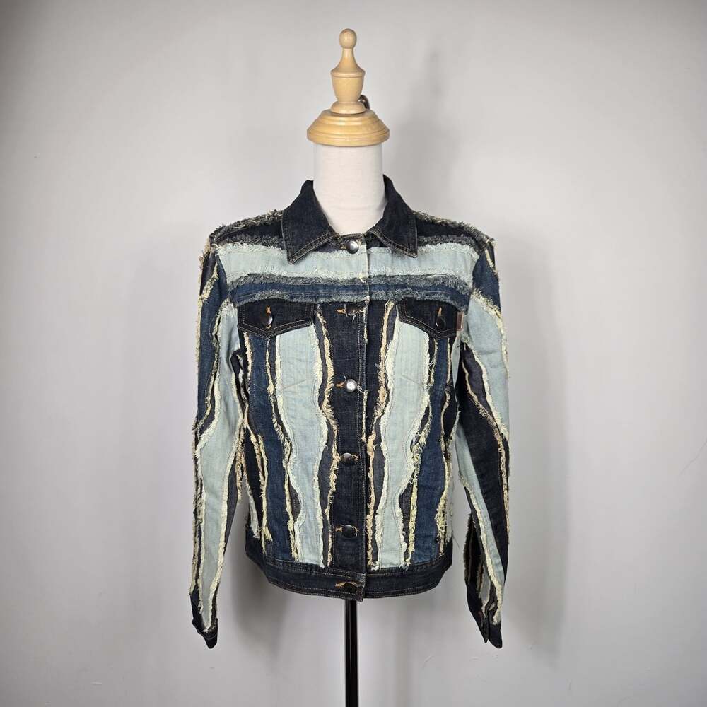 Rare Moschino Jeans Frayed Patchwork Denim Jacket Y2K Boho Grunge Size 8 Luxury